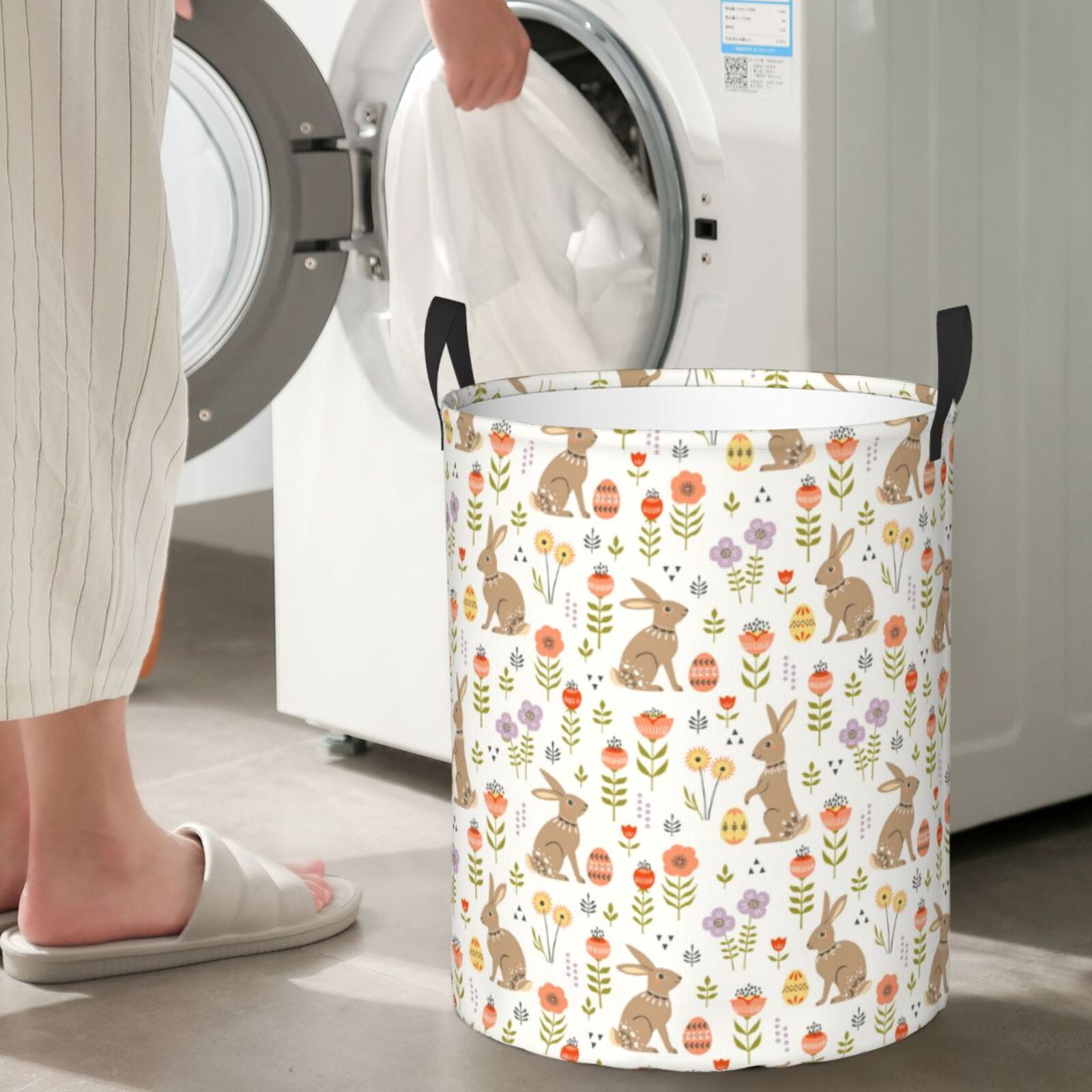 Gukieu Happy Easter Print Round Dirty Clothes Bag, Waterproof Standing Home Bathroom Storage Basket Car Trunk Storage Bag-Small