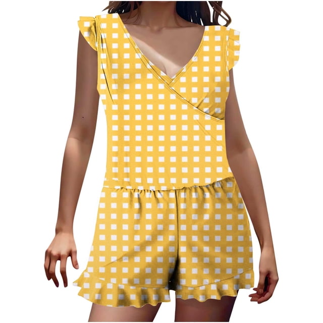 Mujeres Pantalones Cortos con Bolsillos Impresión Integrado en el Sujetador de Ángulo Plano Traje de Baño, Detalles de Madera Oído para la Playa, la Piscina Y las Actividades de Verano