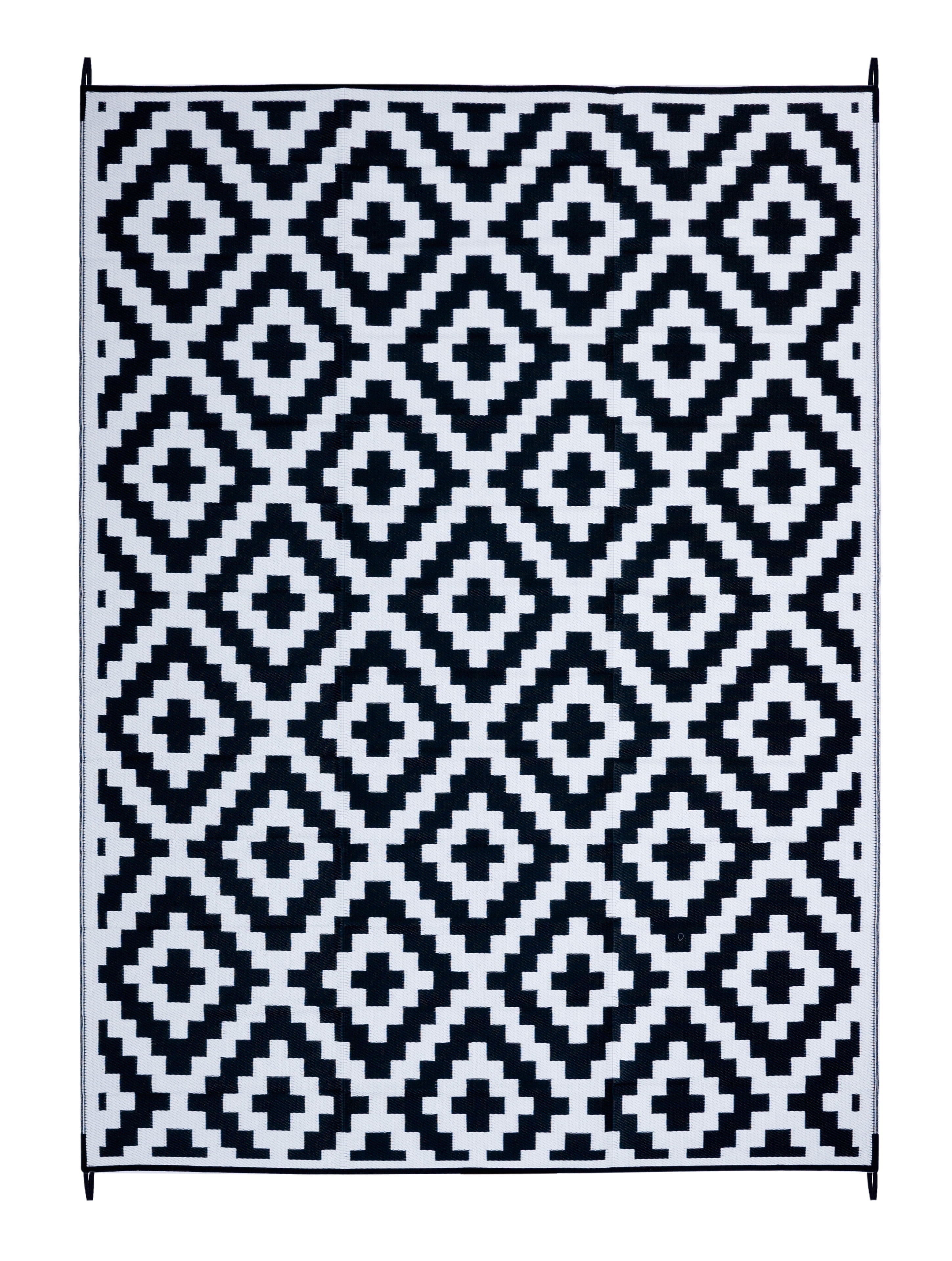 FH Home Outdoor Rug - Waterproof, Fade Resistant, Reversible - Premium Recycled Plastic - Geometric - Large Patio, Deck, Sunroom, RV, Camping - Aztec - Black & White - 4 x 6 ft Foldable