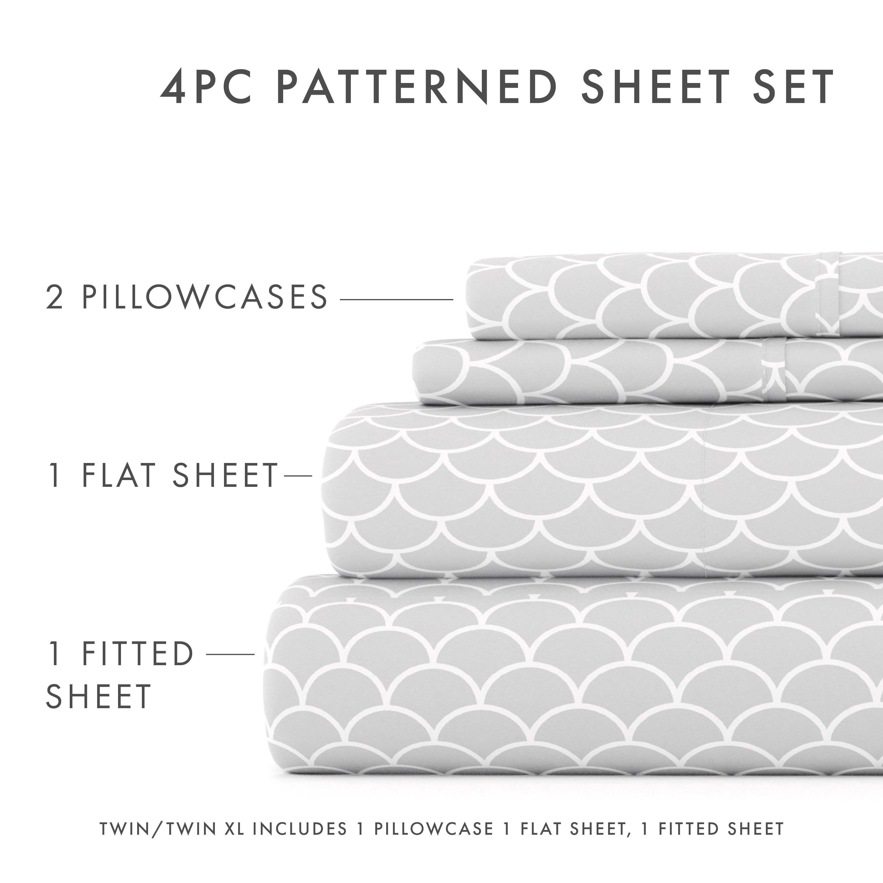 Noble Linens 4 Piece Pattern Microfiber Bed Sheets Set, Light Gray Scallops, California King