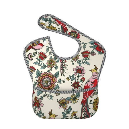 Bingfone Mess-Proof Baby Bib - Waterproof Bib For Baby Boy Or Girl With Food Catcher Pocket, Unisex-Dark Enchanted Flowers And Birds