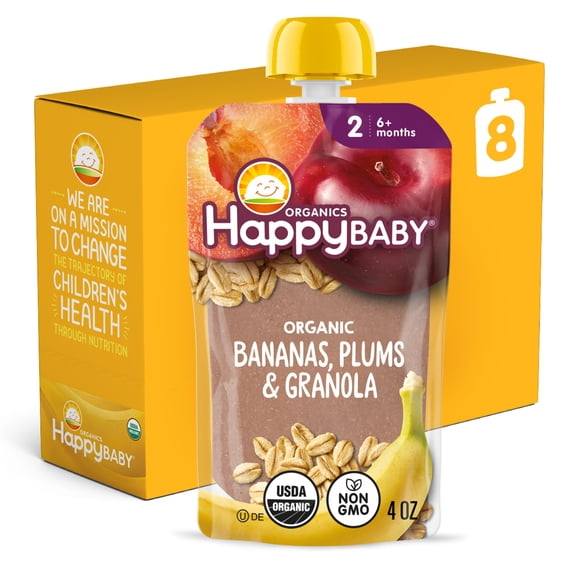 Happy Baby Clearly Crafted, Stage 2 Meals, Bananas Plums & Granola, Organic Baby Food Pouches, 4 oz. (8 pack)