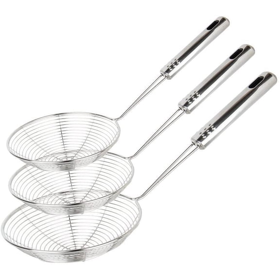 Vruelia Extra Large Spider Strainer Skimmer Spoon for Frying and Cooking - Set of 3 Stainless Steel Wire Pasta Strainer with Long Handle, Professional Kitchen Skimmer Ladle