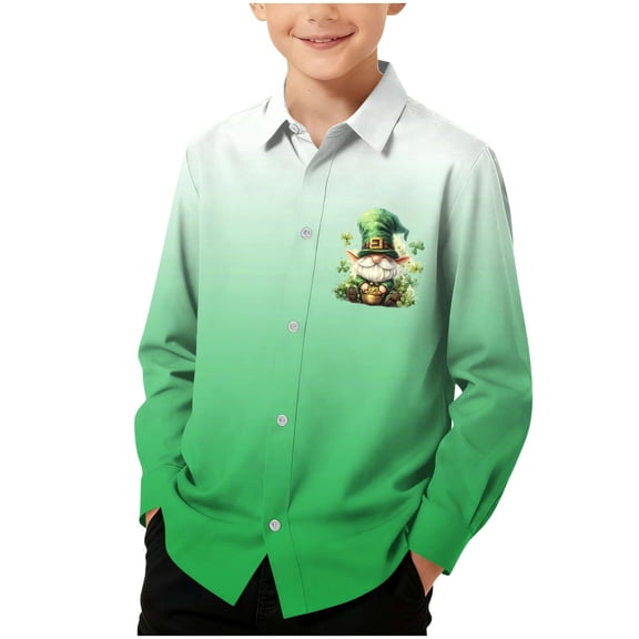 Boys St Patrick's Day Shirt Army Green Gradient Button Down Long Sleeve 4-Way Stretch Wrinkle Resistant,Size 5-6 T