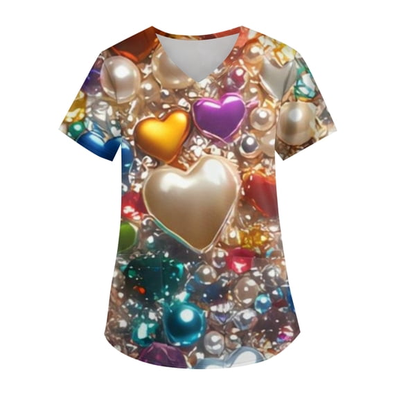Scrub Tops Women Womens Valentine's Day Scrub Tops V-Neck Short Sleeve Nursing Uniform with 2 Pockets Heart Pattern Workwear 04-Khaki XL