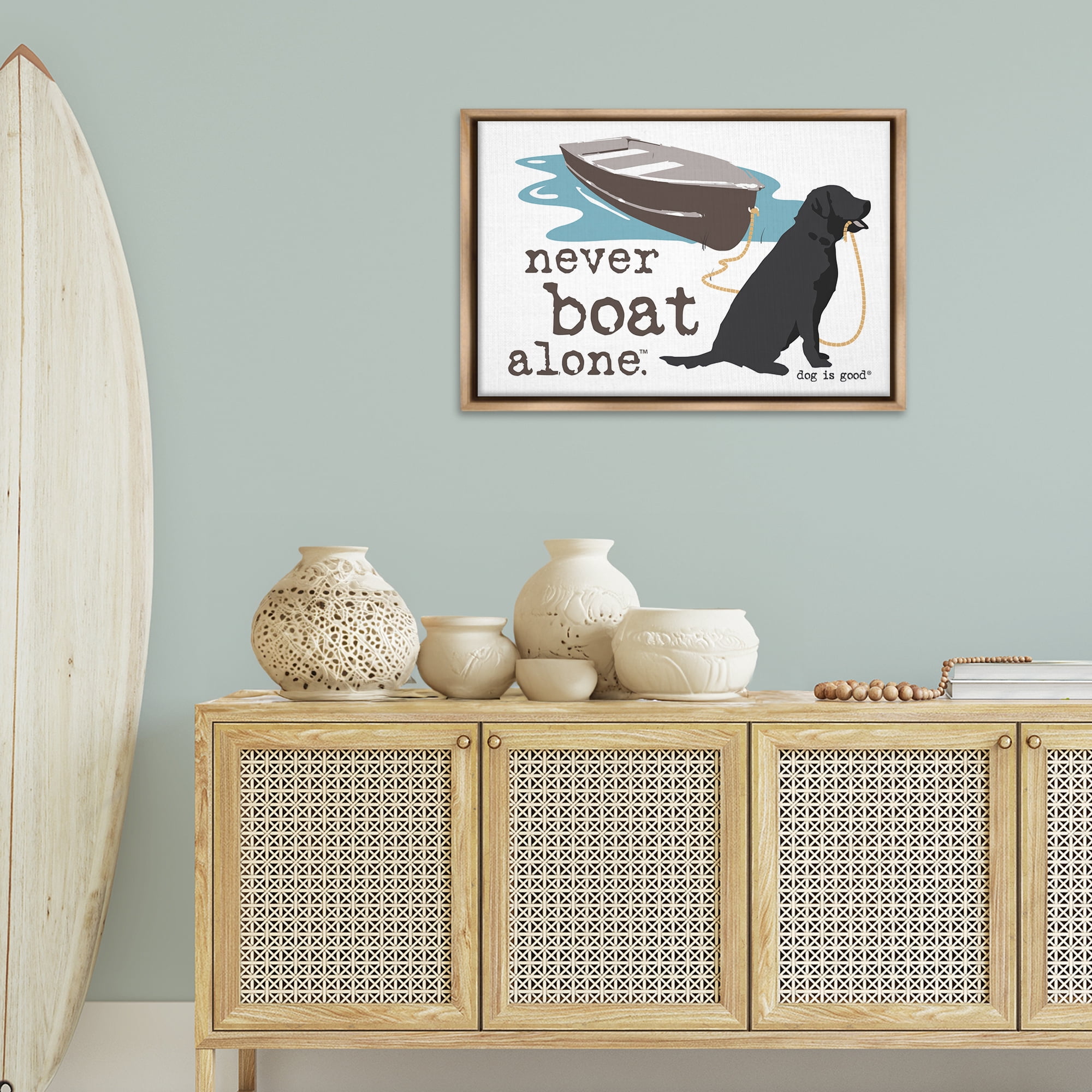 Stupell Industries Never Boat Alone Dog Animals Painting Brown Floater Framed Canvas Art Print Wall Art, 31 x 21