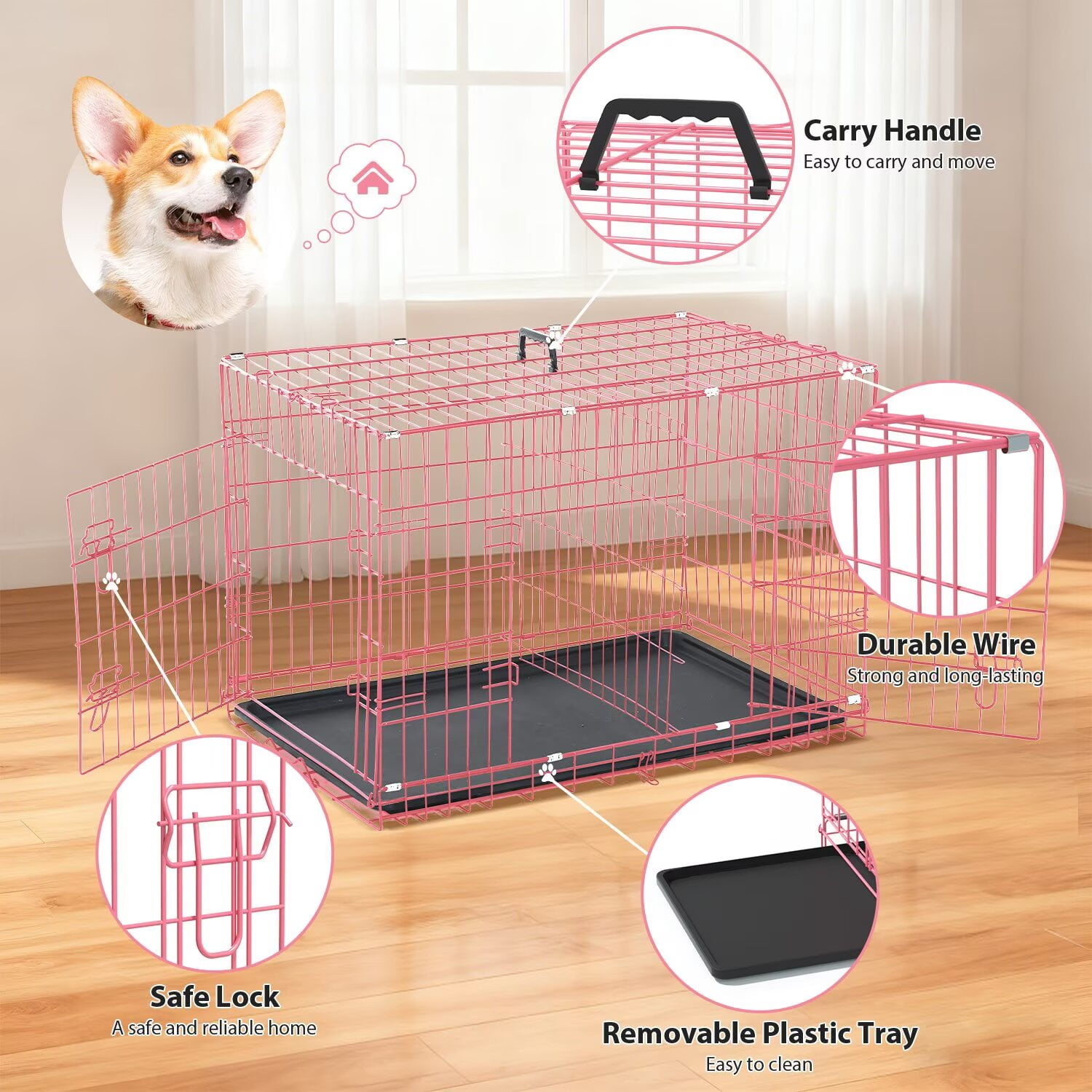 CL.HPAHKL Small Wire Dog Crate, Folding Metal Dog Kennel Double Door Dog Cage with Plastic Tray, Puppy Crate for Small Dog Indoor Outdoor Travel (Pink, 24 inch)