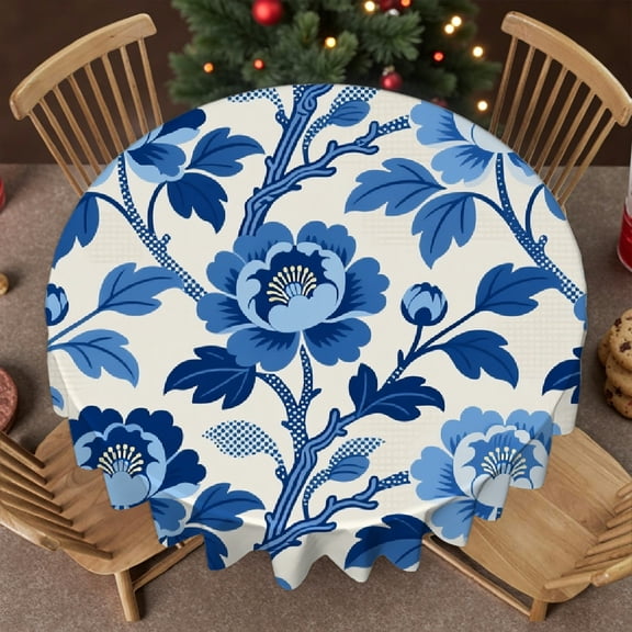 1pc Navy Blue Floral Print tablecloth round, Festive Table Setting Holiday-Themed Design, Navy Blue Floral