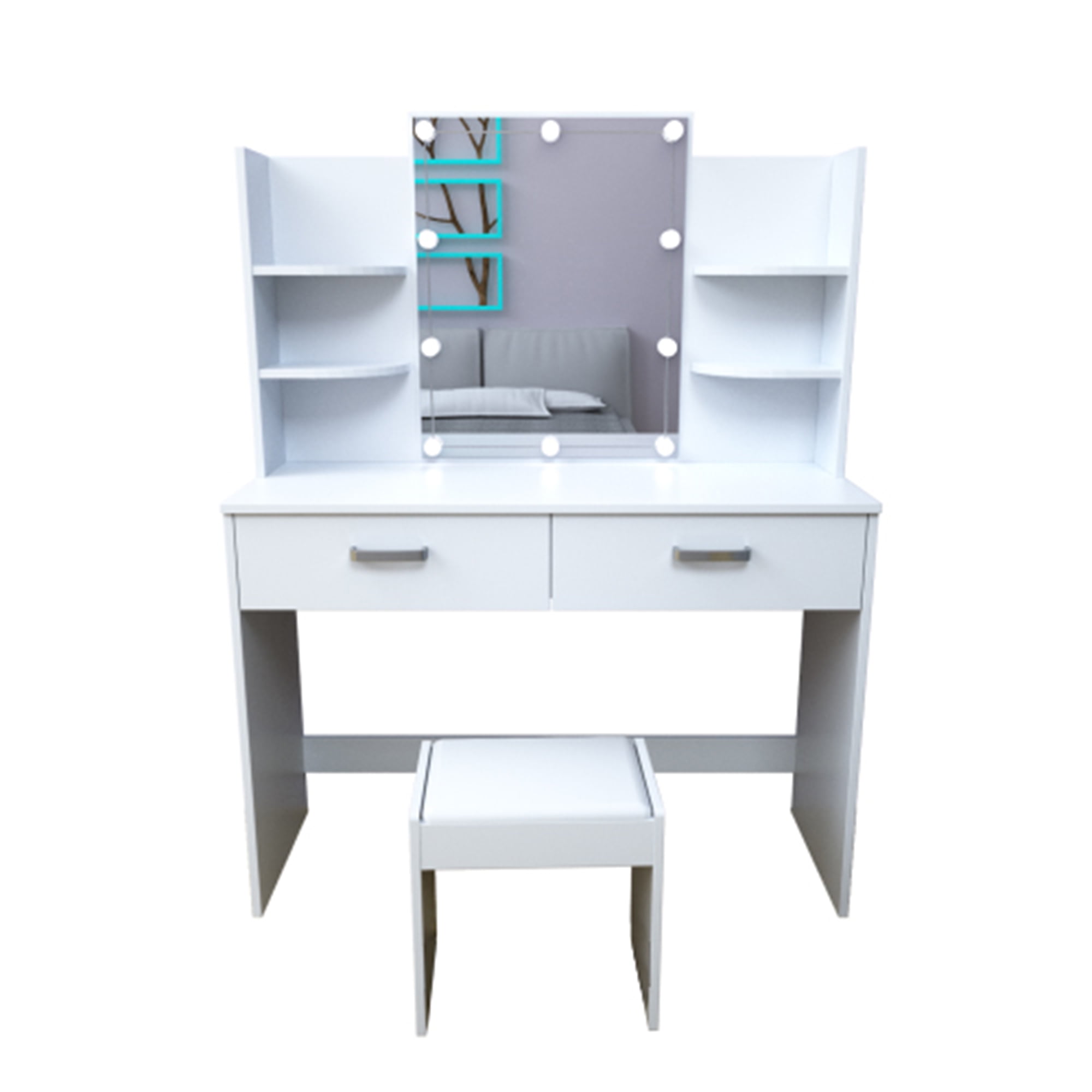 Kadyn Large Vanity Set, Vanity Table Set with 10 Light Bulbs, Makeup Vanity Desk with Cushioned Stool, 6 Storage Shelves 2 Drawers for Bedroom, White Kadyn Large Vanity Set, Vanity Table Set with 10 Light Bulbs, Makeup Vanity Desk with Cushioned Stool, 6 Storage Shelves 2 Drawers for Bedroom, White
