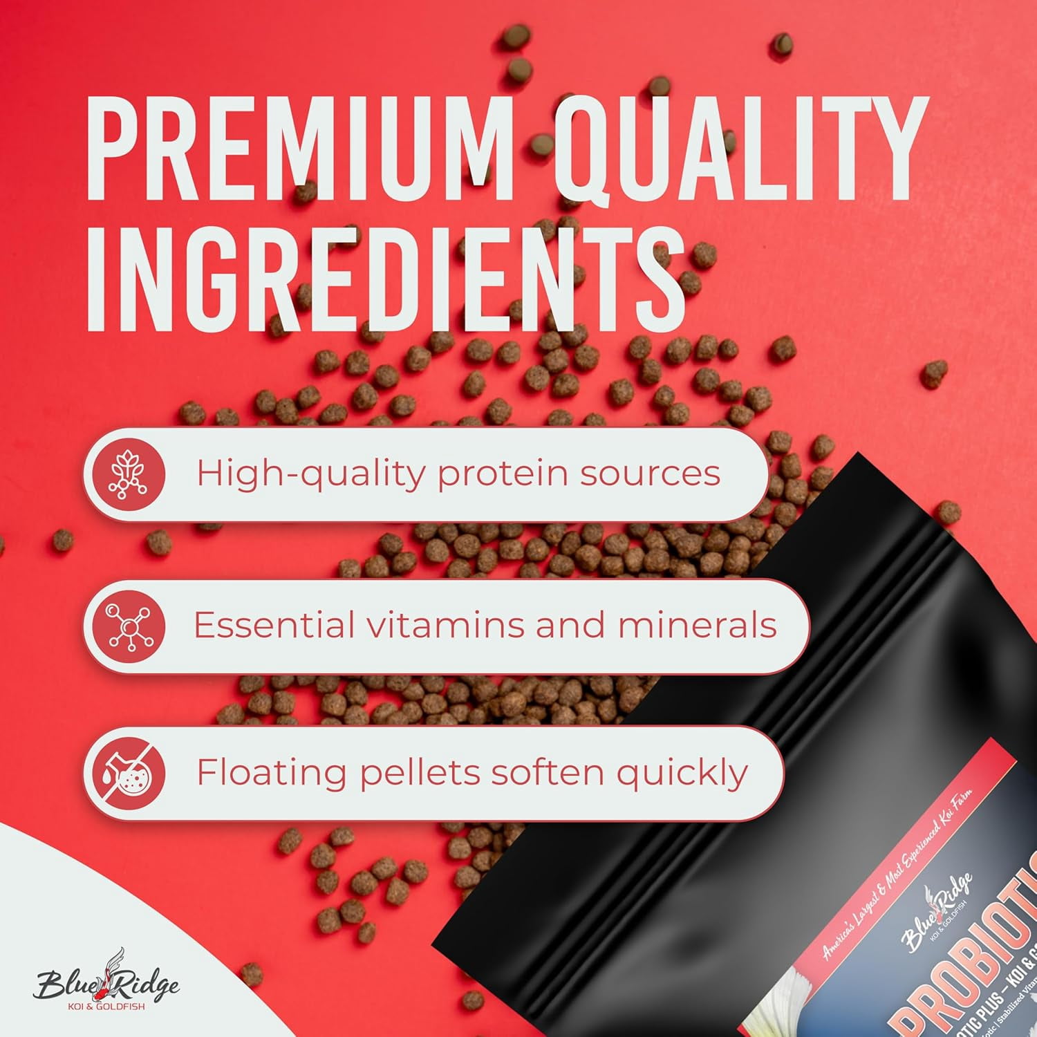 Blue Ridge Koi Fish Food 2lb - Koi Food 3/16” Probiotic Plus, Goldfish Food, Premium Fish Food for Ponds, Ponds Fish Food, Koi Food Fall and Winter Fish Food, Floating Pond Pellets