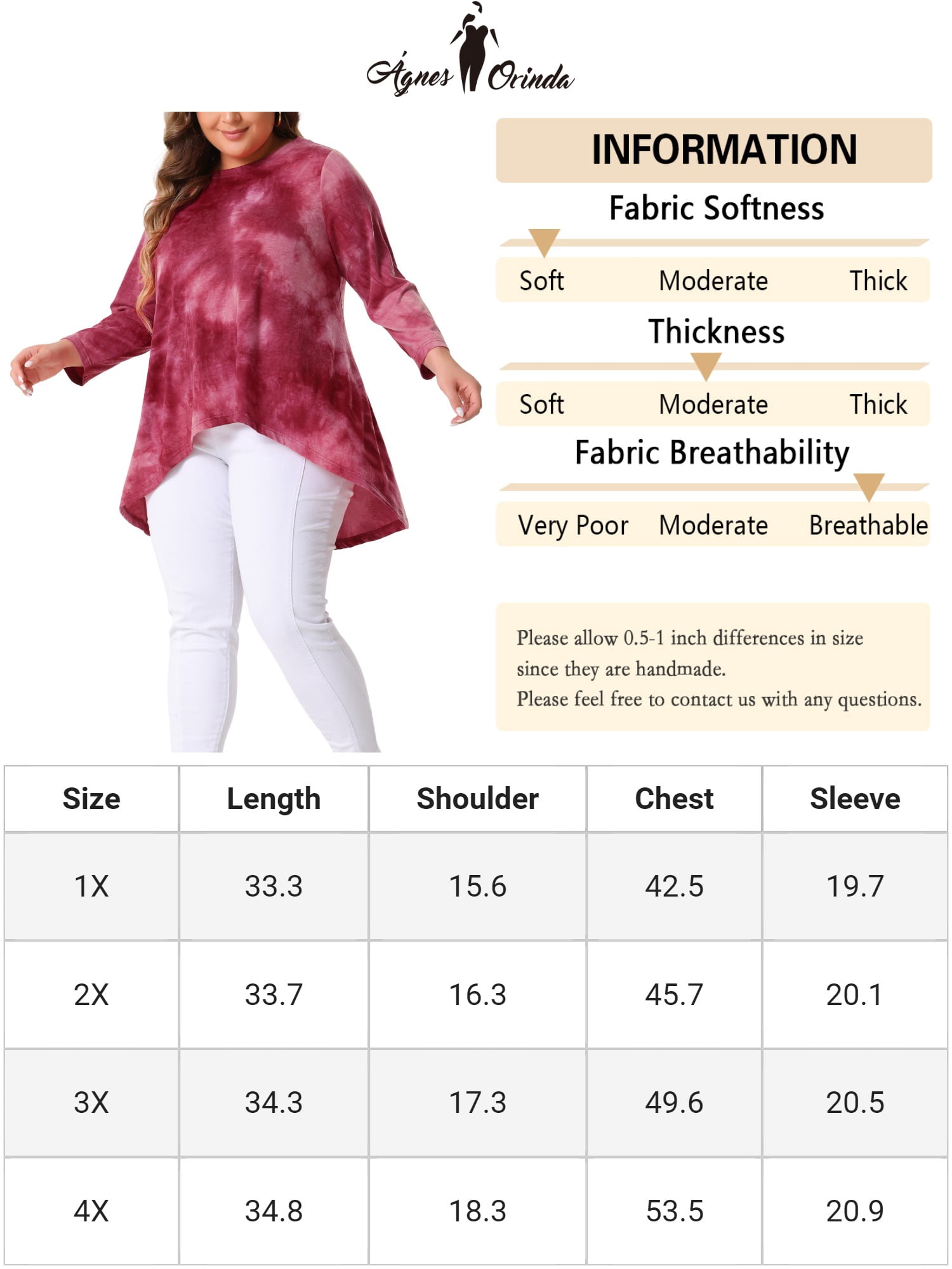 DARING DIVA Women's Plus Size Tie Dye High Low Tunic Tops 4X Burgundy