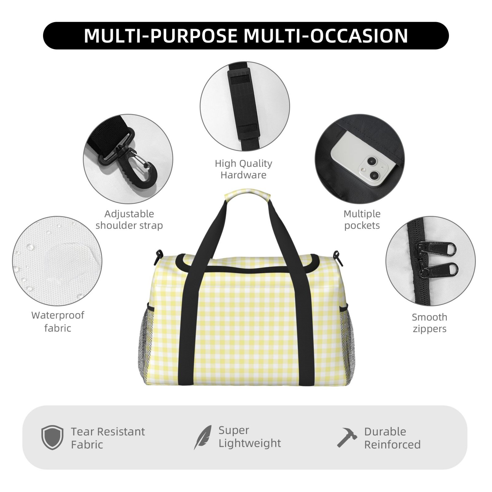 Fuzoiu Lemon Yellow Checkboard Print Travel Duffle Bag,Carry On Tote Bags,Duffel Bag,Sport Gym Bag, Hospital Bag for Labor and Delivery, Overnight Bag,Luggage Bag