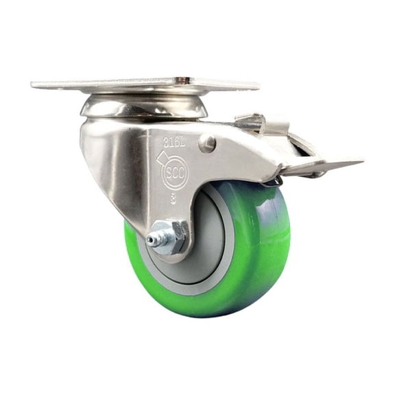 3 Inch 316SS Green Polyurethane Swivel Top Plate Caster with Total Lock Brake