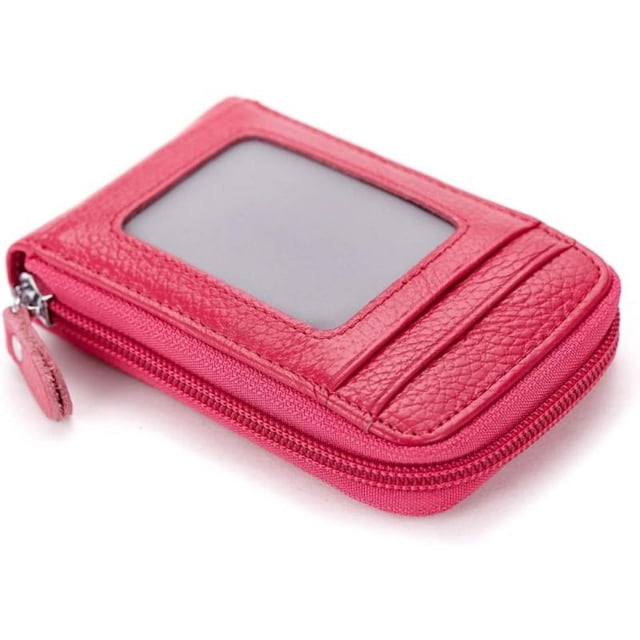 Estuche tipo billetera de cuero de primera calidad con cremallera delgada para tarjetas de visita/crédito con ranura para fotos transparente, billetera de viaje de seguridad (rojo)