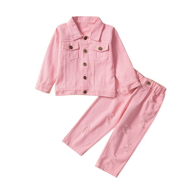 2025 1-6Y Girl's 2 Piece Denim Outfit Collared Solid Color Button Up Long Sleeve Denim Jacket and Ripped Jeans Set Pink