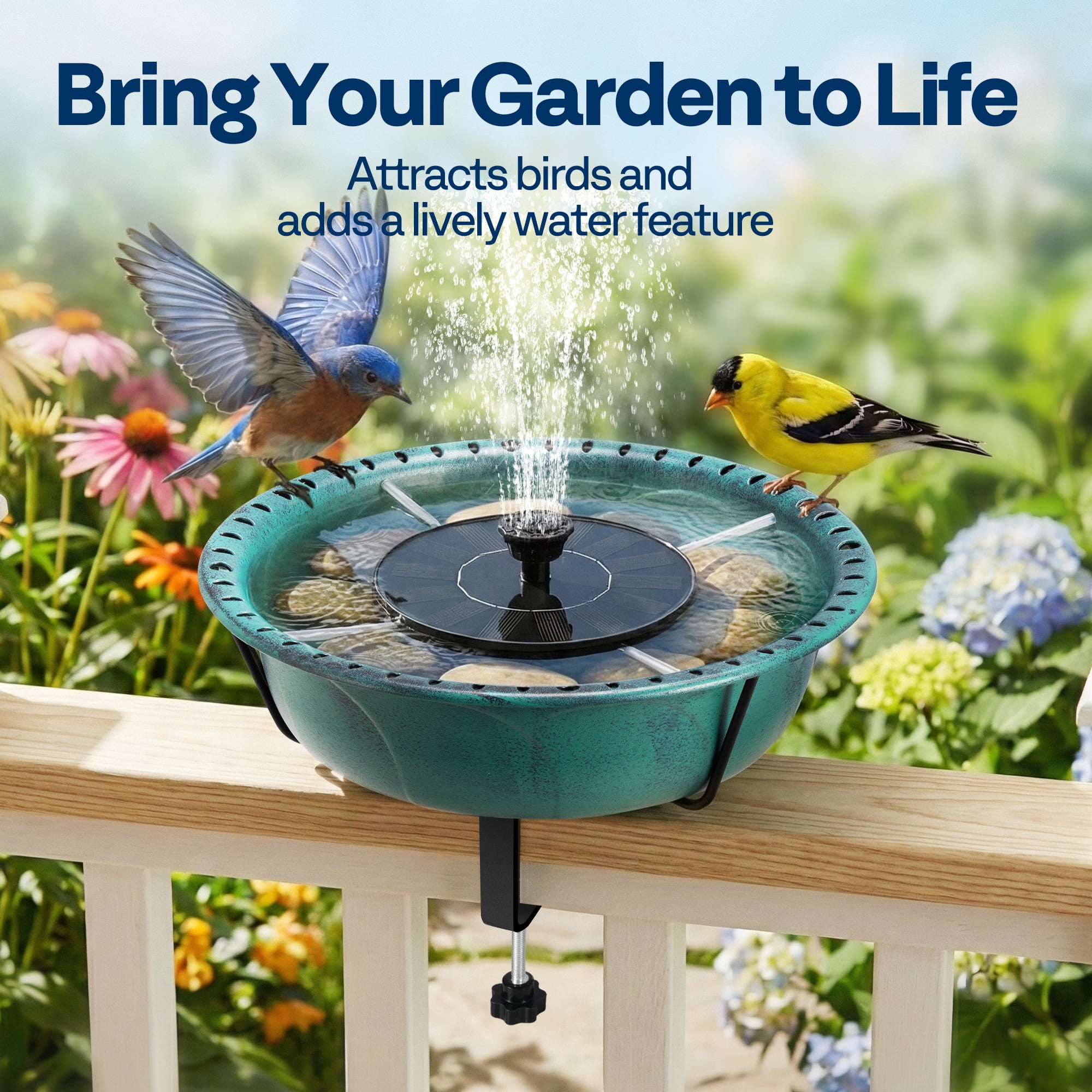SPECSTAR Deck Mounted Bird Bath with Solar Fountain, Outdoor ABS Birdbath Bowl with Adjustable Metal Clamp, Solar Powered Pump for Railing, Fence, Balcony, 1.45 Gallons, Green