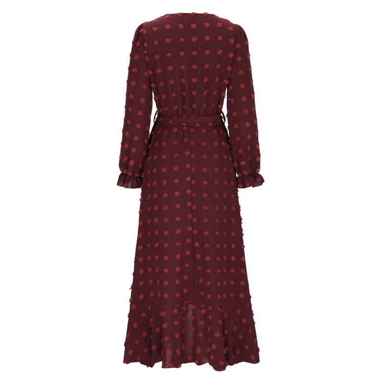 burgundy swiss dot dress Estella's Swiss Dot Surplice Neck Lantern Sleeve Ruched Waist Dress –  Estella's Lingerie, Inc main image 1