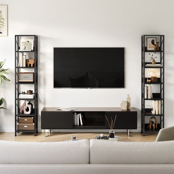 6-Tier Tall Narrow Bookshelf, Industrial Skinny Bookcase - Metal Frame, Open Shelves - Freestanding Space-Saving Display Storage,Black