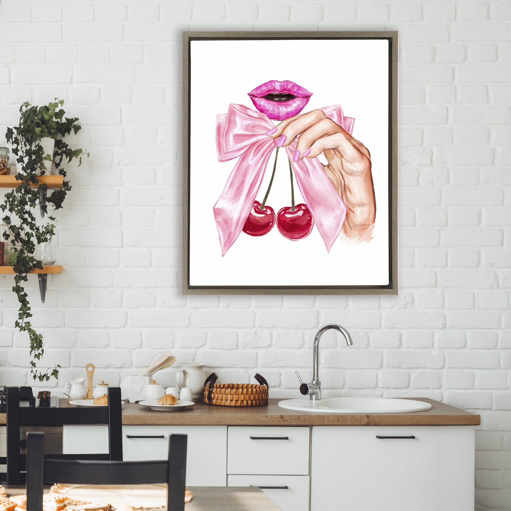 Stupell Industries Lips & Feminine Cherries Brown Framed Floater Canvas Wall Art, design by Ziwei Li