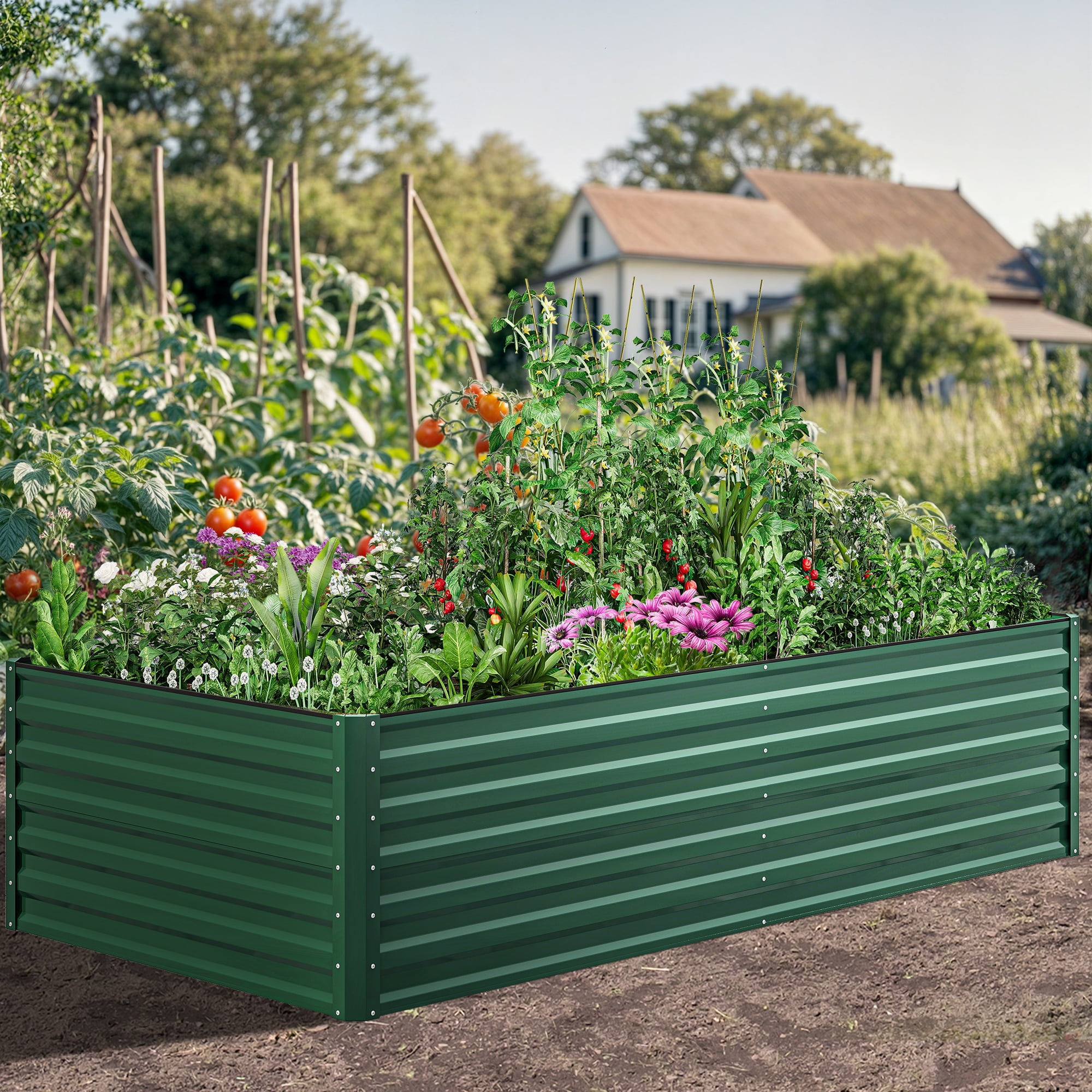 Dextrus 8x4x2Ft Large Raised Garden Bed Kit, Galvanized Metal Planters w/ Accessories & Gloves, 2Pcs, Green
