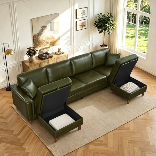 120" U-Shaped Sectional Sofa with 2 Removable Storage Ottomans, Faux Leather Couch, Breathable PU Leather, Solid Wood Frame, Dark Green