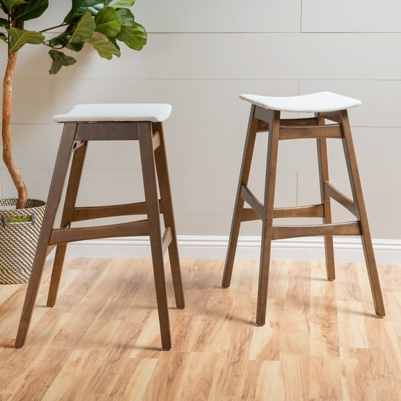 Noble House Jackie Indoor Walnut Finish Bar Stools, Set of 2, Light Beige