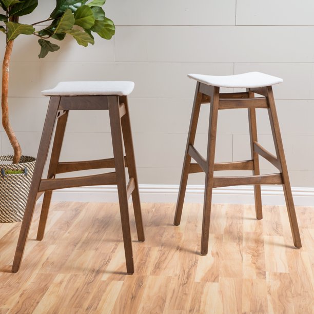 Noble House Jackie Walnut Finish Bar Stools, Set of 2, Light Beige