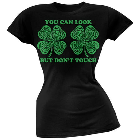 St. Patricks Day -Hypnotic Shamrocks Look Don't Touch Black Juniors Soft T-Shirt
