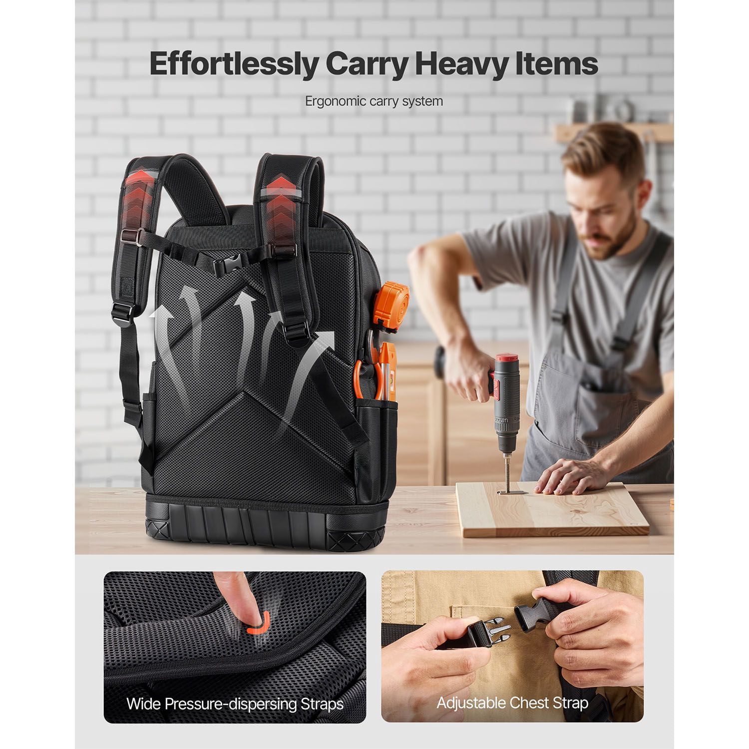 Tool Backpack 65 Pockets, 70 lbs Capacity, 1680D Oxford Fabric, Laptop Compartment, Molded Base, for Electrician Plumber HVAC