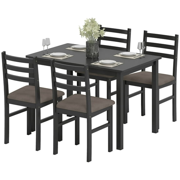 HOMCOM 5-Piece Dining Table Set with Upholstered Chairs, Wood Legs, Black