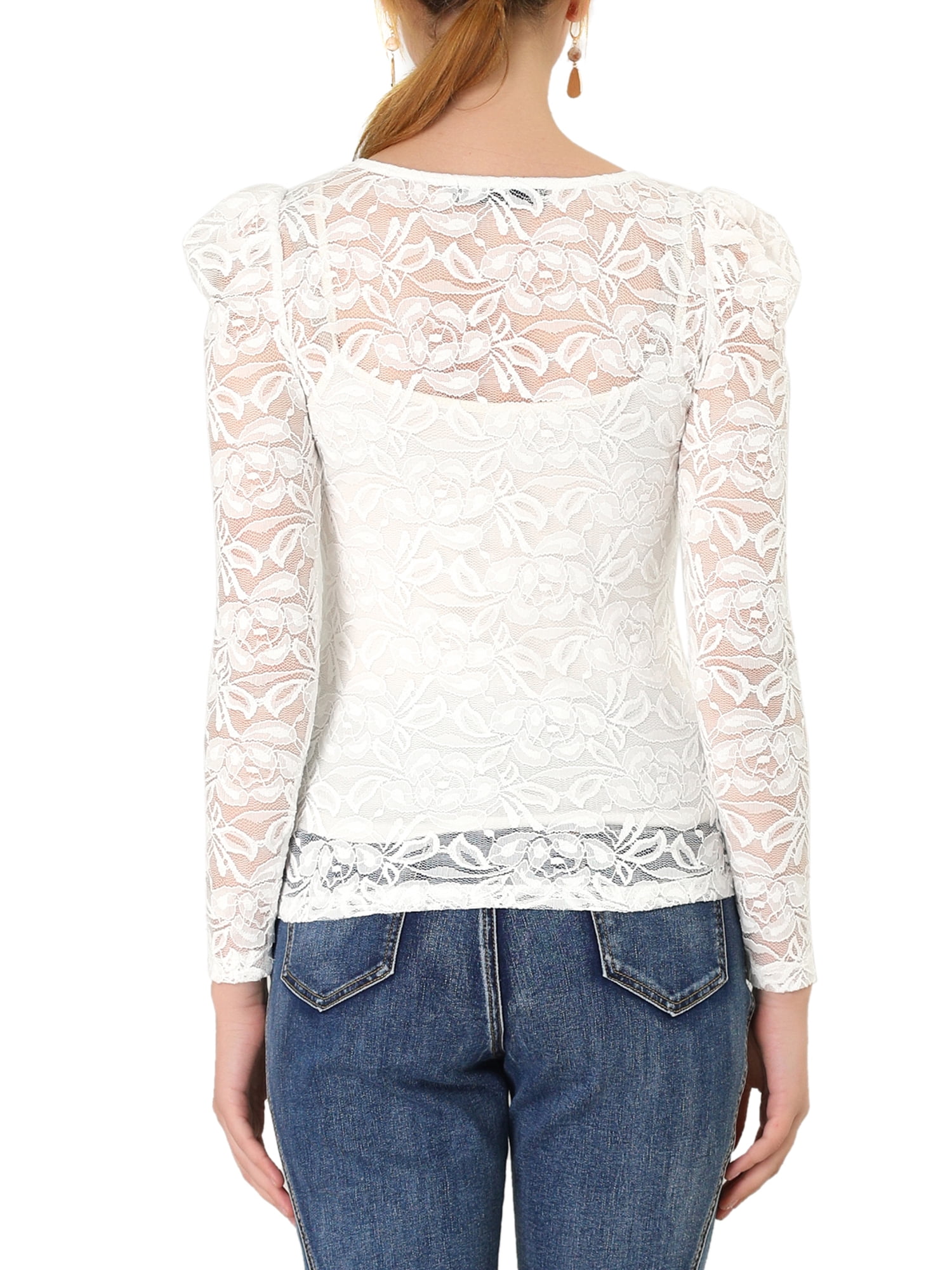DARING DIVA Semi Sheer Puff Sleeve Vintage Top S White