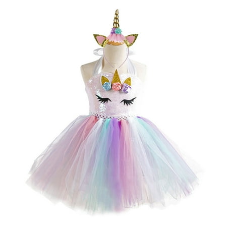 AkoaDa New Kids Girls Bright Unicorn Outfit Dress Rainbow Party Princess Cosplay Costume Set （Dress+Headwear）