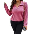 thumbnail image 3 of Women'S Large Size Casual Knitted Sweater Lapel V-Neck Solid Color Top Long Sleeve Shirt Pink XXL, 3 of 8