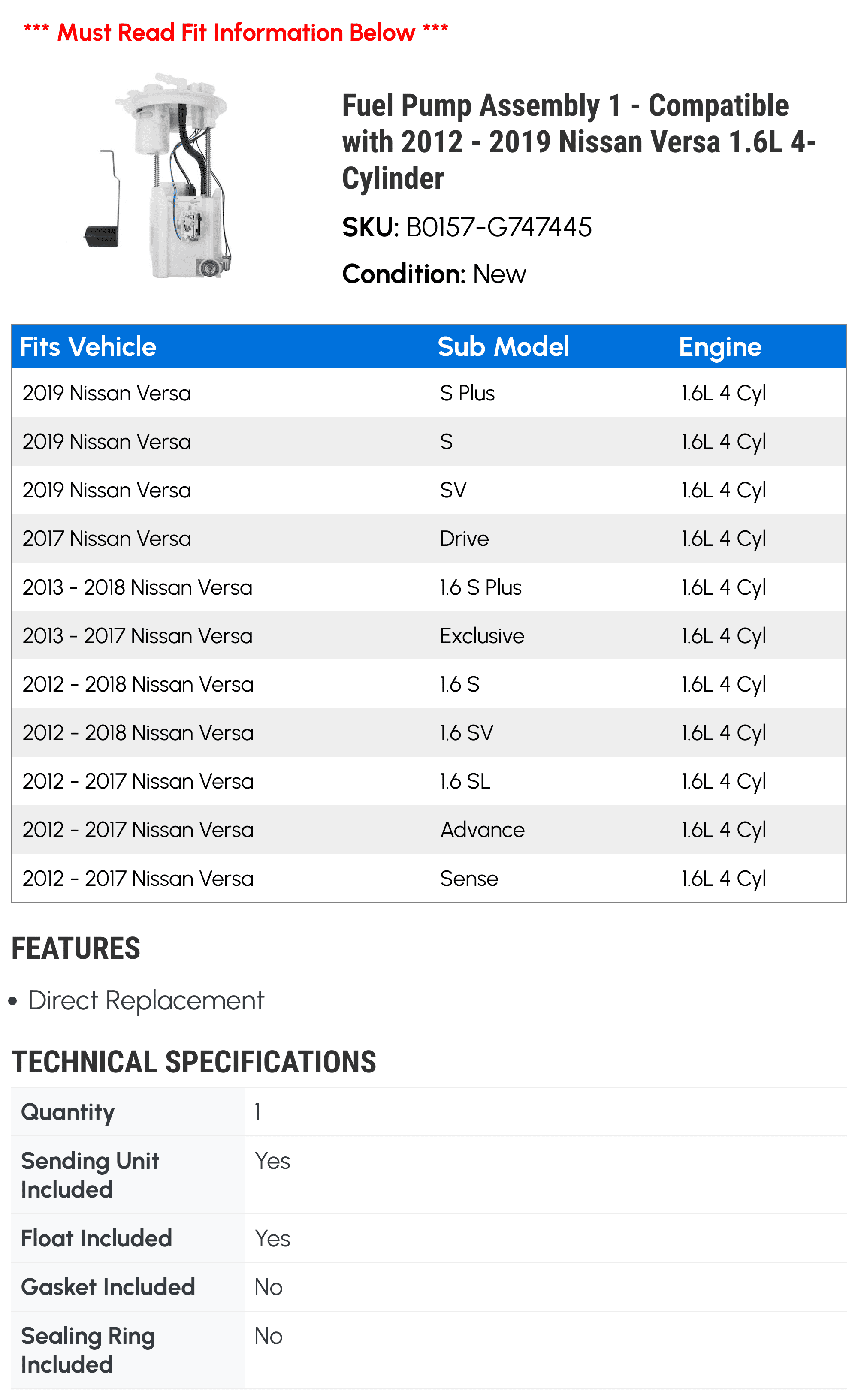 Fuel Pump Assembly 1 - Compatible with 2012 - 2019 Nissan Versa 1.6L 4-Cylinder - Autopart Premium