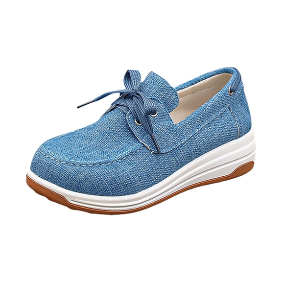 Lace Up Canvas Running Shoes for Women Casual Wedge Platform Tennis Shoes Fashion Moc Toe Slip On Sneakers Blue Size 9