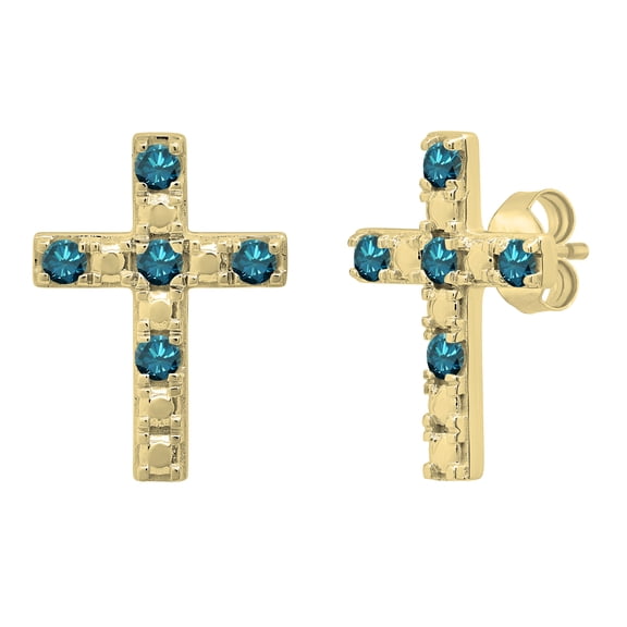 Dazzlingrock Collection Round Blue Diamond 5 Stone Religious Cross Pushback Stud Earrings for Women (0.53 ctw, Color Blue, Clarity I2-I3) in 18K Yellow Gold