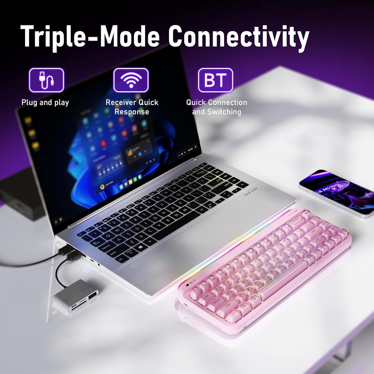 AF68 Membrane Keyboard, 68% Layout 68-Key Gaming Keyboard, 2.4 GHz/Type-C/BT, RGB Lighting Effects with Integrated Side Light Bar, 4000mAh , Translucent Keycaps
