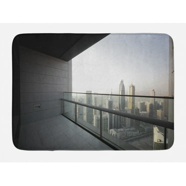 Modern Bath Mat, Arabian City Dubai Landscape Downtown from Balcony Photo Image Print, Non-Slip Plush Mat Bathroom Kitchen Laundry Room Decor, 29.5 X 17.5 Inches, Charcoal Grey and White, Ambesonne