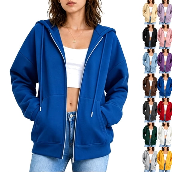 Zip Up Hoodie Women Oversized Sweatshirts 2026 Fall Fashion Jacket Thick Warm Coat Winter Clothing Royal Blue XXL