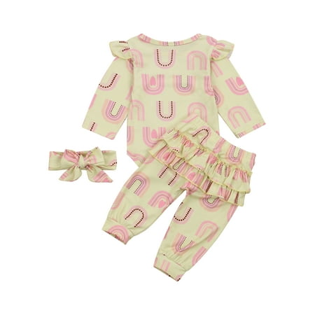 

Baby Girl Romper Top Pants Suit Round Neck Long Sleeve Shirt Ruffle Hem Skirt Rainbow Printed Loose Trousers Headband