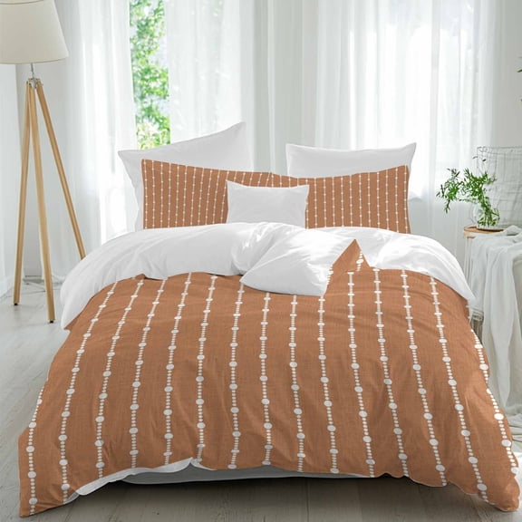 Duvet Cover Twin Size 3 Piece Bedding Set, Modern Minimalism Soft Breathable Comforter Cover with 2 Pillow Shams, Dot Striped on Orange Luxury Duvet Covers with Zipper Closure