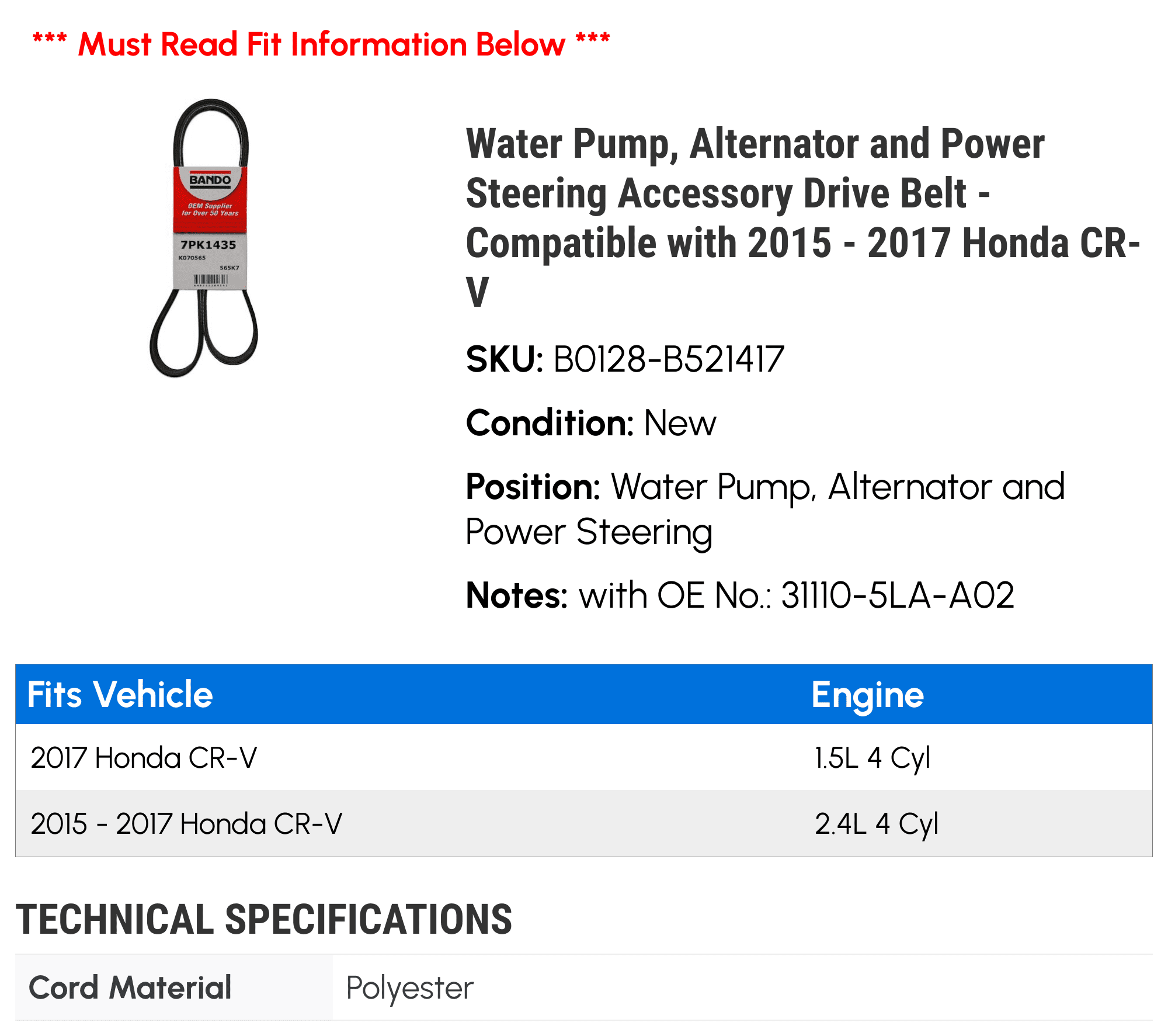 Water Pump, Alternator and Power Steering Accessory Drive Belt - Compatible with 2015 - 2017 Honda CR-V 2016