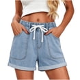 thumbnail image 6 of Miluxas Women's Jean Shorts Elastic High Waist Rolled Hem Wide Leg Denim Shorts with Drawstring & Pockets Y2K Street Jeans Beach Vacation Shorts Light Blue, 6 of 7