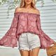 thumbnail image 3 of Top fruncido con volantes y hombros descubiertos para mujer, dobladillo suelto, manga larga acampanada, blusa con estampado de flores, camisa rosa oscuro S, 3 of 6