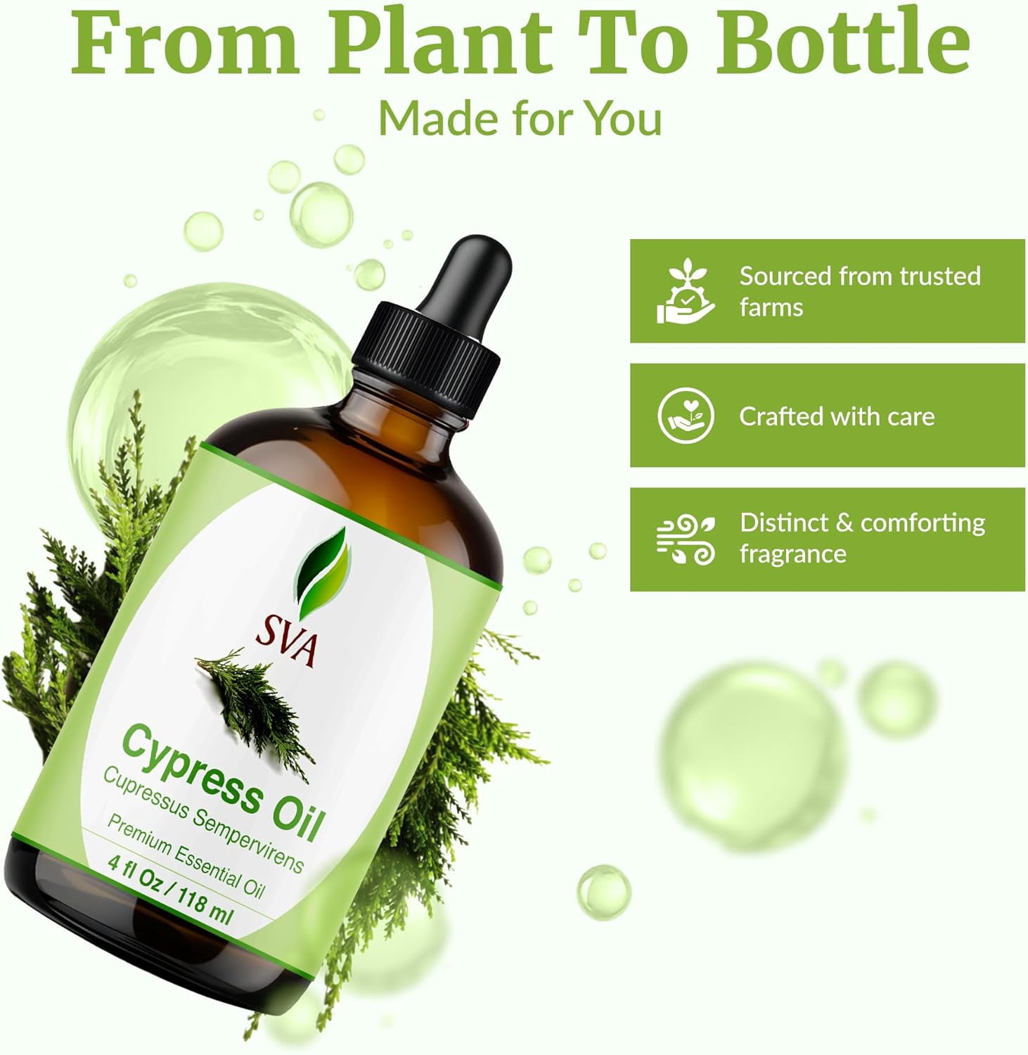 SVA Cypress Essential Oil – 4 Fl Oz – 100% Natural Cypress Oil - for Diffuser, Hair Care, Face, Skin Care, Aromatherapy, Scalp and Body Massage, Soap and Candle Making – with Dropper