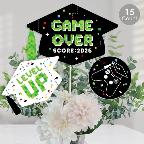 Big Dot of Happiness Game Over - Video Game Graduation Party Centerpiece Sticks - Table Toppers - Set of 15