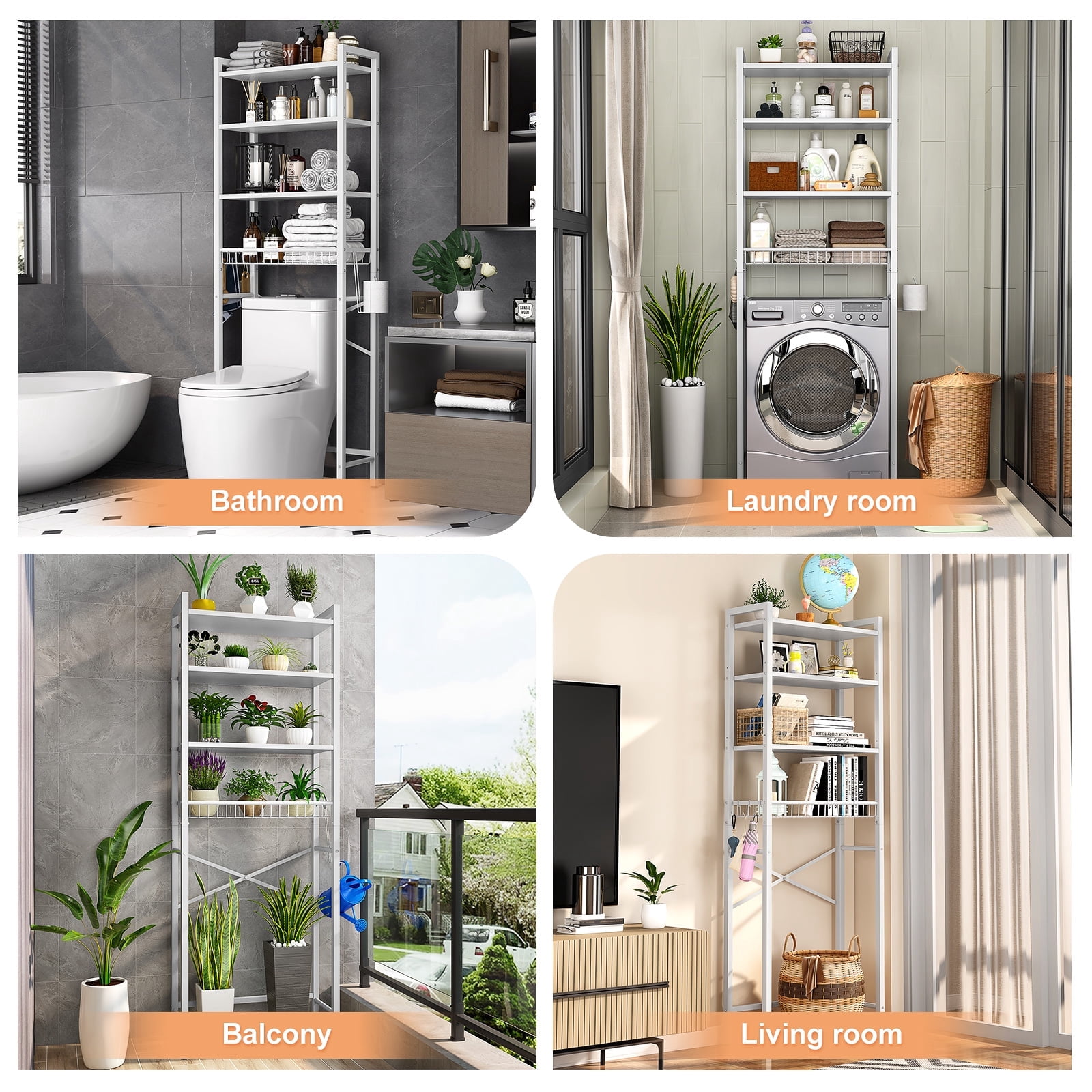 Biemlerfn Over The Toilet Storage Shelf, 4-Tier Wooden Bathroom Organizer Adjustable Saver Space Rack with Toilet Paper Holder, Pure White