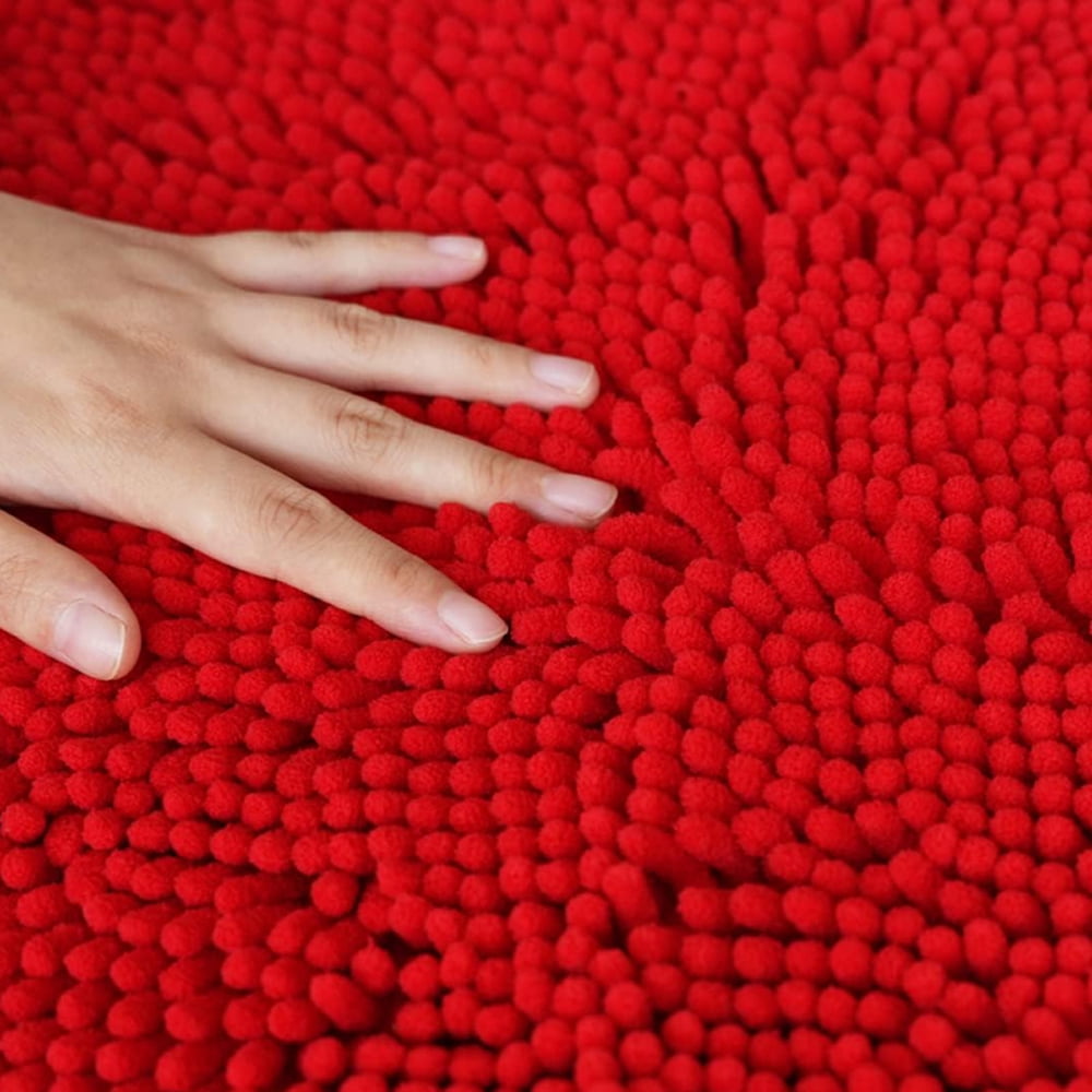 Soft Chenille Bathroom Rugs 36" x 24" Red Shaggy Absorbent Non-Slip Backing Bath Mats Machine Washable