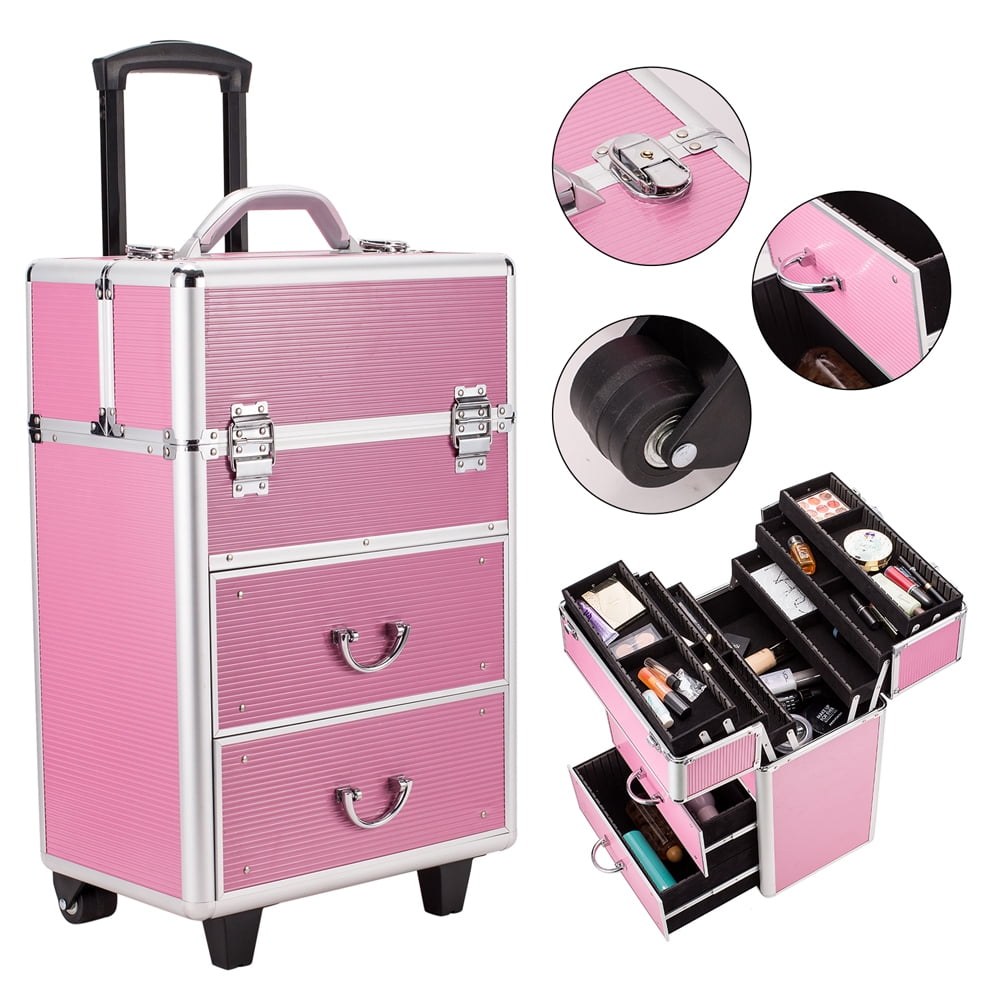 4 Tier Lockable Rolling Cosmetic Makeup Train Cases, Pink Wheels ...