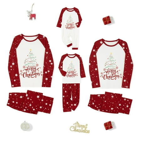 

Pudcoco Christmas Family Pajamas Matching Set Long Sleeve Tree Letters Print T-shirt with Snow Print Pants Sleepwear Loungewear